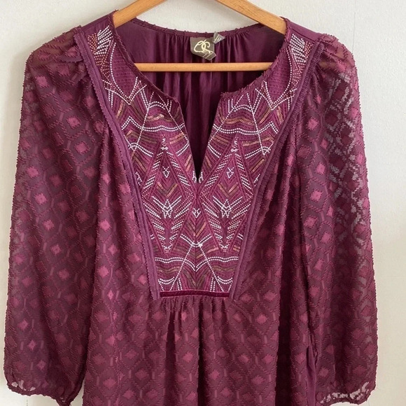 Anthropologie One September maroon peasant Embellished beaded Boho Tunic Top - Picture 2 of 6
